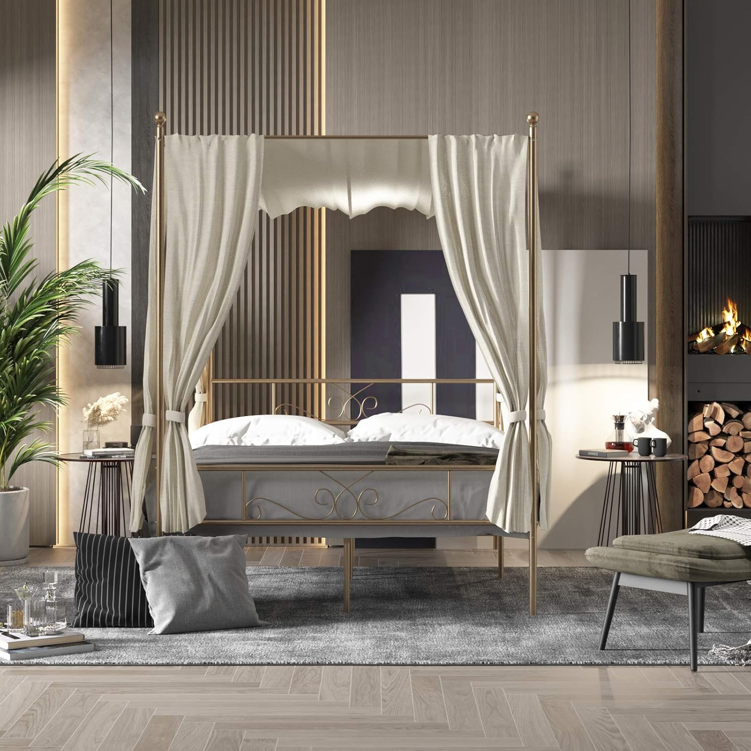 Weehom Queen Size Metal Canopy Bed Frame No Box Spring Needed Support Mattress Foundation Easy Set Up Steel Platform Bed Gold Amazon In Home Kitchen Queen Platform Bed And Mattress Set