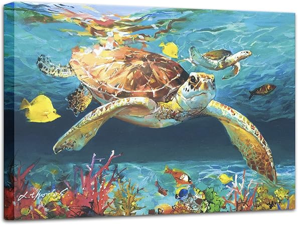 Amazon ビーチテーマバスルーム装飾 12x16インチ ウミガメの絵 壁アート 海洋壁装飾キャンバス絵画プリント ギャラリーラップストレッチ インテリア オンライン通販