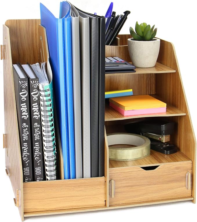 Organisateur Bureau En Bois Avec 3 Tiroirs - 33x23x15 Cm - Rangement Fournitures De Bureau - Style Rétro Élégant