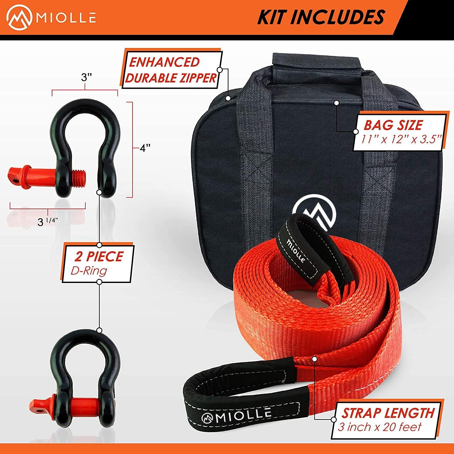 Miolle Tow Strap 3”x20’ (30000lb) with Loops and D-Hook Shackles - Recovery Rope Heavy Duty - Towing Straps - Snatch Ropes for Truck and Car: Automotive