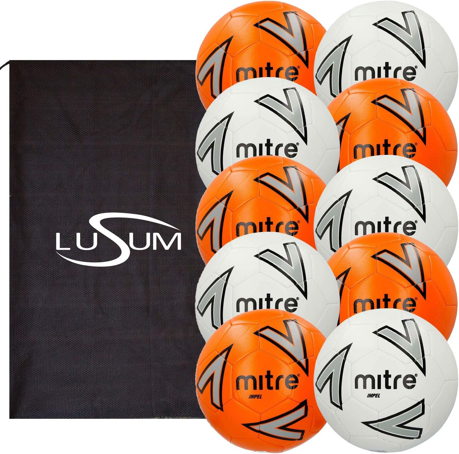 Impel 10 x Mitre Training Footballs with a Lusum Mesh Ball Bag