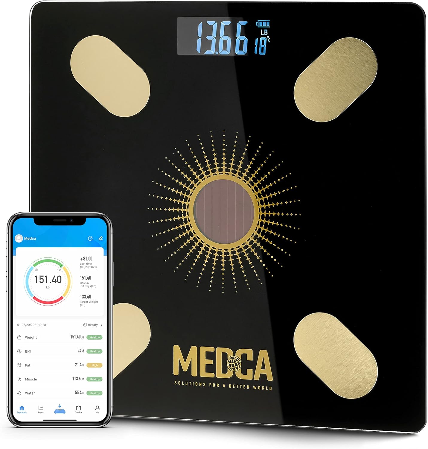 Body Fat Scale - Smart Digital Solar Powered Glass Bathroom Scale Measures, Tracks and Analyzes Weight Fat Loss BMI Body Composition and More Monitor Your Progress with Smartphone App: Health & Personal Care