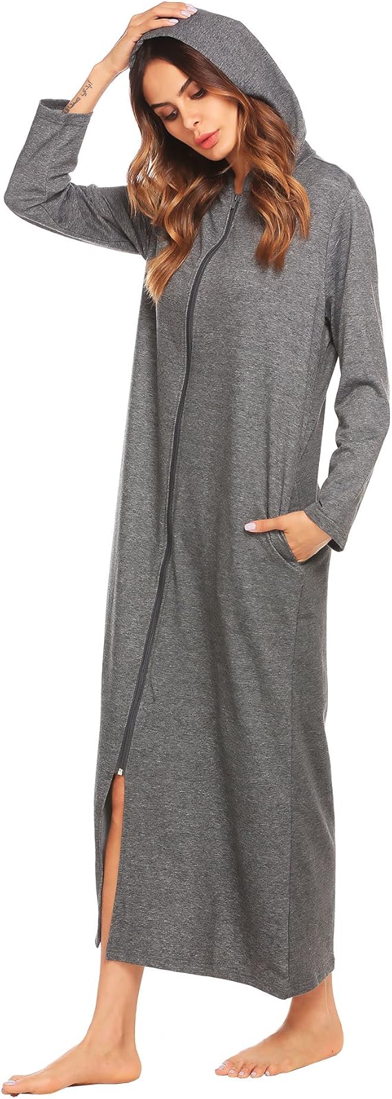 ADOME Damen Lang Morgenmantel mit Kapuze Bademantel Reißverschluß