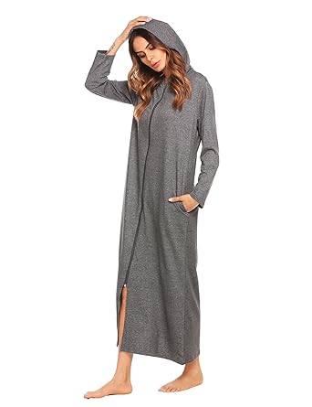ADOME Damen Lang Morgenmantel mit Kapuze Bademantel Reißverschluß Saunamantel Flauschig Weiche Gemütliche Robe