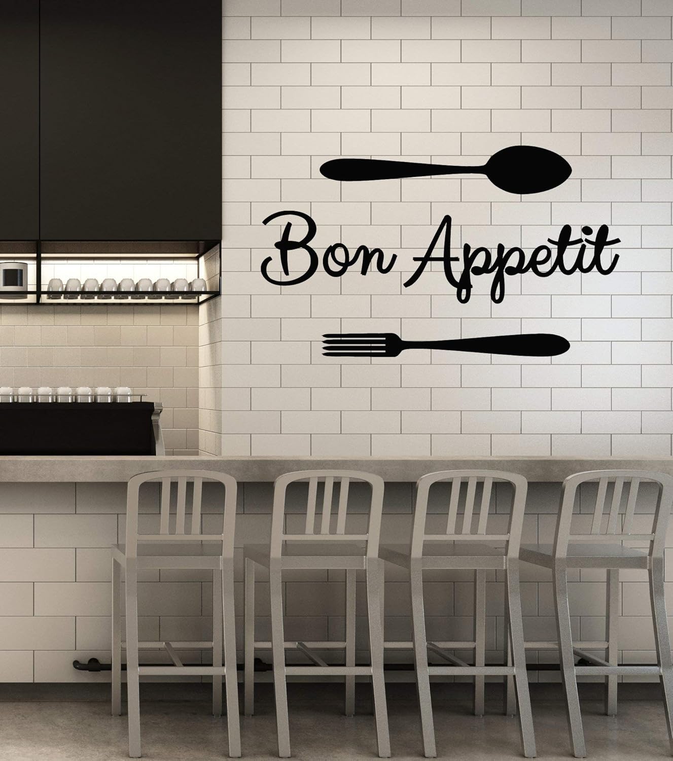 Vinyl Wall Decal Bon Appetit Words Fork Spoon Dining Room Kitchen Stickers Mural Large Decor (g1365) Black