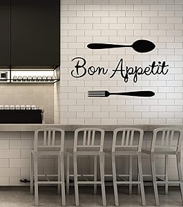 Vinyl Wall Decal Bon Appetit Words Fork Spoon Dining Room Kitchen Stickers Mural Large Decor (g1365) Black