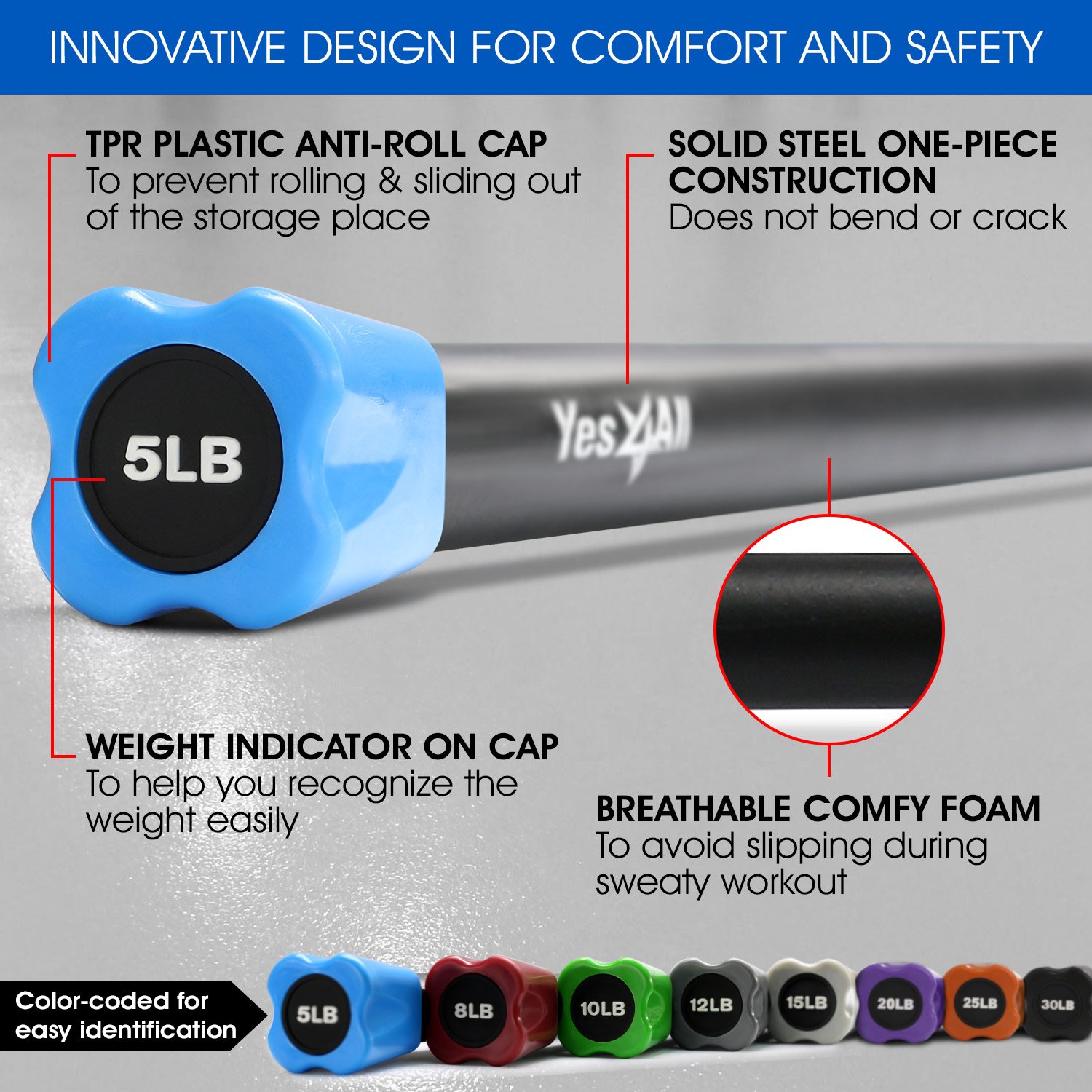 Yes4All Total Body Workout Weighted Bar/Weighted Workout Bar Great for Physical Therapy