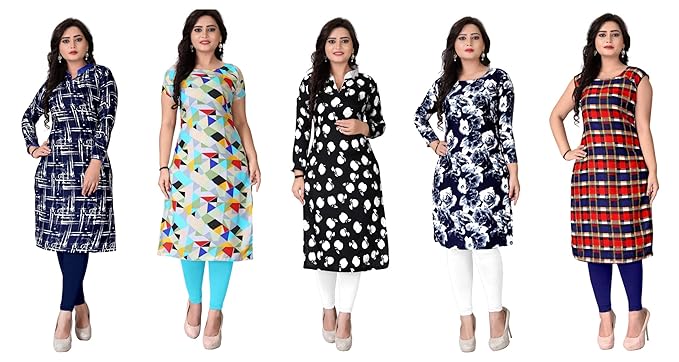 Women's Cotton A-Line Crepe Printed Semi-Stitched Kurti (Pink, Free Size) -Pack of 5