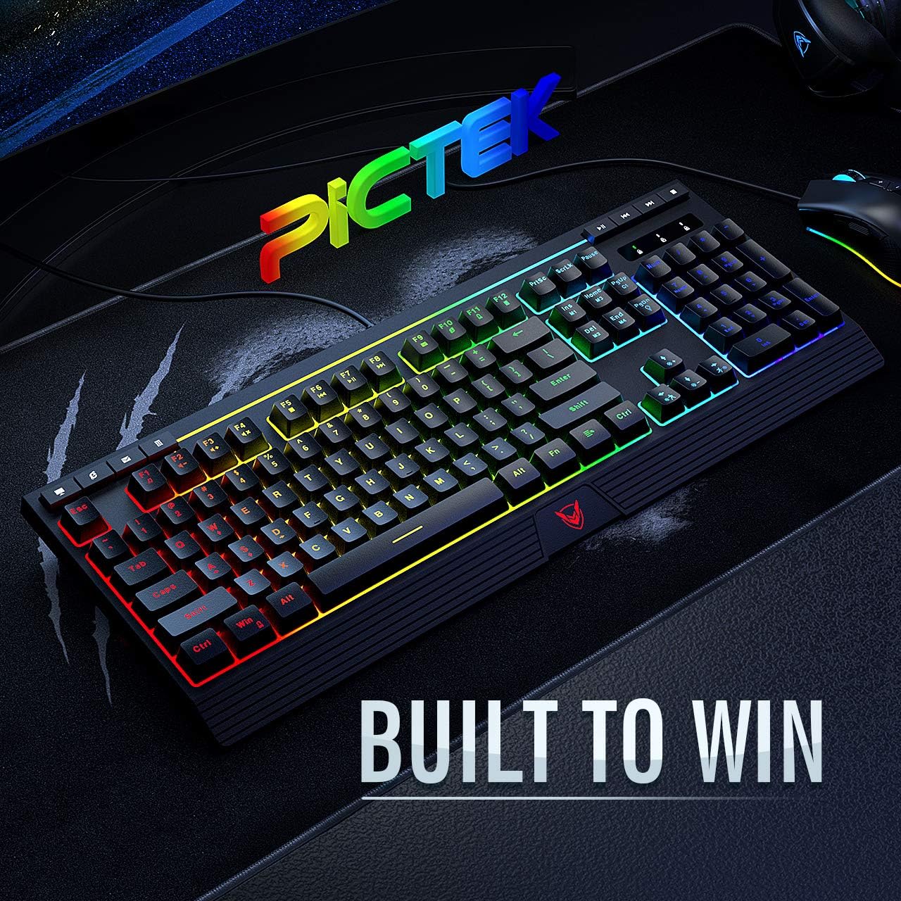 PICTEK RGB Gaming Keyboard, 8 Individual Multimedia Keys, Wired Adjustable Backlight Keyboard with Non-Fading Keycaps, 25 Keys Anti-ghosting, Splash-Proof, Ideal for Windows Mac Gaming: Computers & Accessories