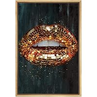 SIGNWIN Framed Canvas Print Wall Art Orange, Black and Gold Discoball Shiny Lips People Texture Photography Realism Glam Closeup Colorful for Living Room, Bedroom, Office - 16