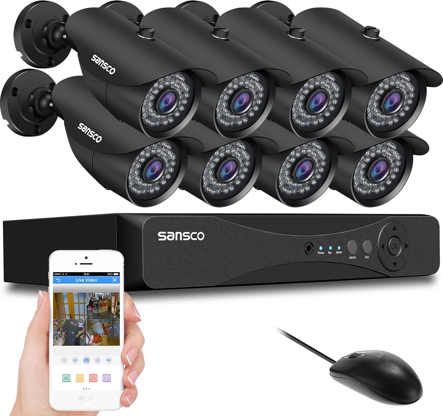 SANSCO 8CH 5MP DVR HD CCTV Camera System for 24/7 Recording, 8pcs 5MP Outdoor Bullet Security Cameras