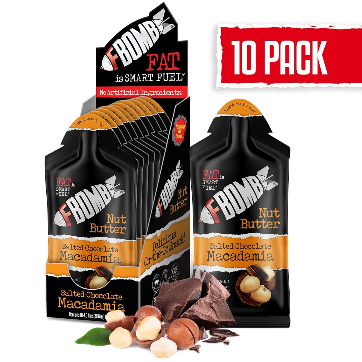 FBOMB Nut Butter 10 Pack: All-Natural Energy, Keto Fat Bombs | High Fat, Low Carb Snack, On-The-Go Energy | Paleo, Vegetarian, Keto Snacks | Salted Chocolate Macadamia - 1 oz Packets