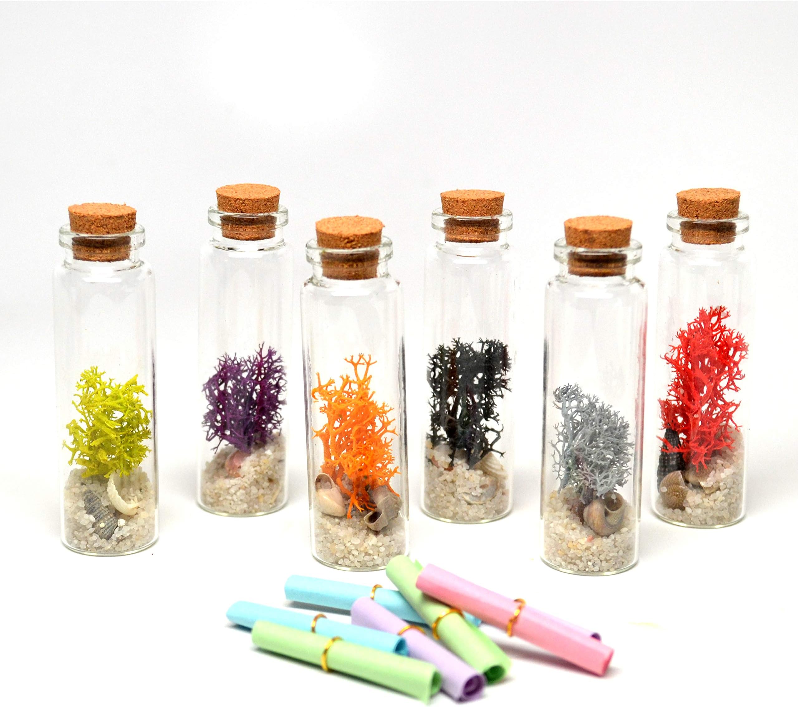 Pixie Glare Glass Wishing Bottles Wit Paper Notes, and Accessories - 6 or 7 Pack (6 Pack - Sand & Moss)