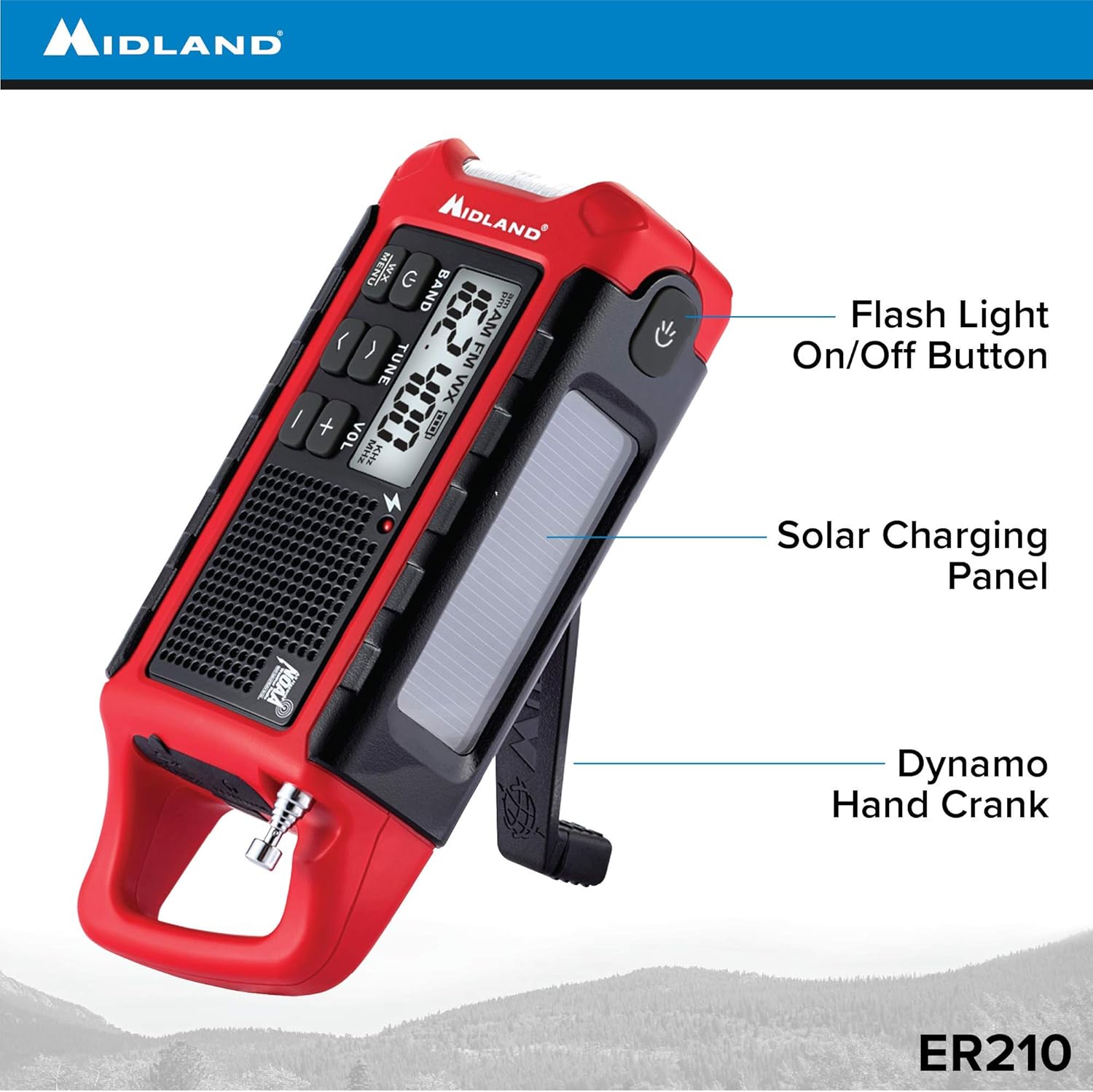 Midland - ER210, Emergency Compact Crank Weather AM/FM Radio - Multiple Power Sources, SOS Emergency Flashlight, NOAA Weather Scan + Alert, & Smartphone/Tablet Charger (Red/Black): Home Audio & Theater