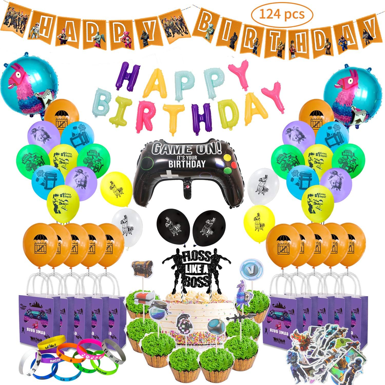 Video Game Party Supplies Includes Cake and Cupcake Topper, Latex Balloons, Foil Balloons, Bracelets, Gift Bags, Stickers, Happy Birthday Banner for Kids. (Party Supplies)