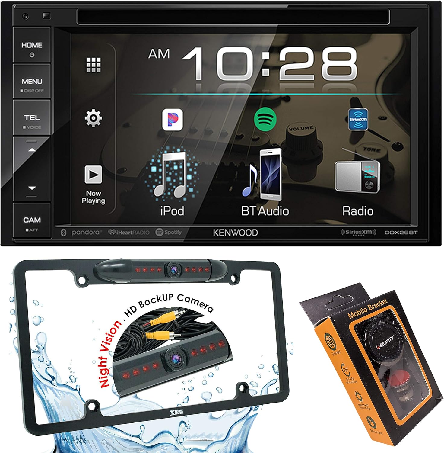 Kenwood DDX26BT Double DIN SiriusXM Ready Bluetooth in-Dash DVD/CD/AM/FM Car Stereo Receiver w/ 6.2" Touchscreen + License Backup Camera Included + Gravity Magnet Phone Holder, DDX26BT+30LCK+Magnet