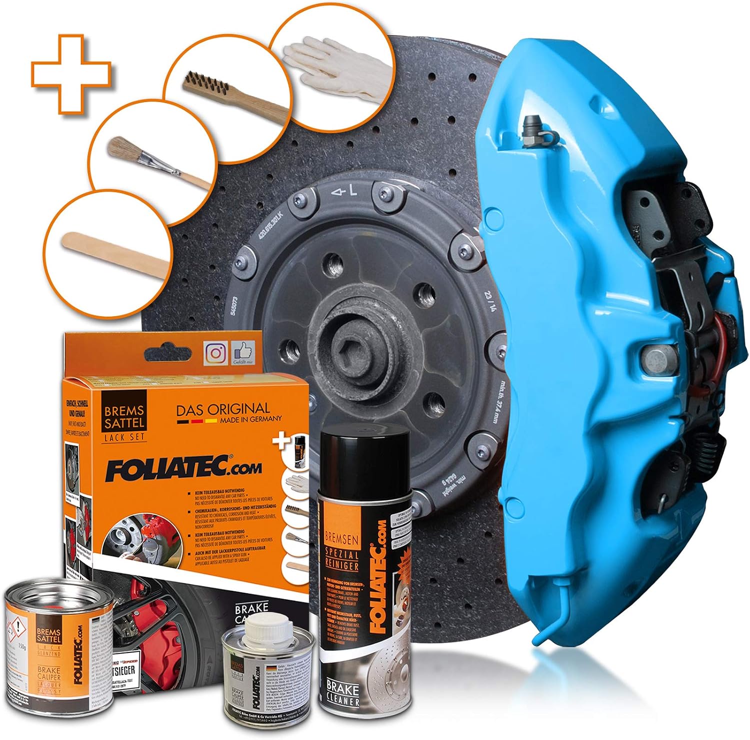 Foliatec Brake Caliper Paint Set, Heat Resistant, Complete Set for 4 Brake Calipers, Sky Blue, 7 Piece Set