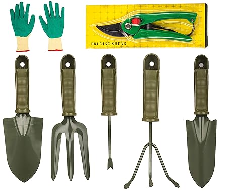 Bulfyss 7 Pieces Gardening Tools Seed Handheld Shovel Rake Spade Trowel with Pruning Shear and Gloves