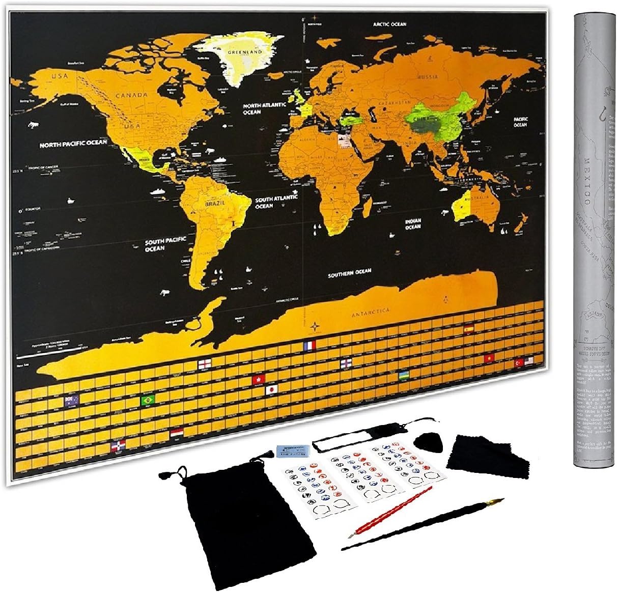 FREELOGICS Scratch Off World Map Poster - US States and Country Flags, Detailed Adventure Travel Tracker, Perfect Gift for Travellers, Deluxe 33"x24" Black and Gold with Bonus Accessories