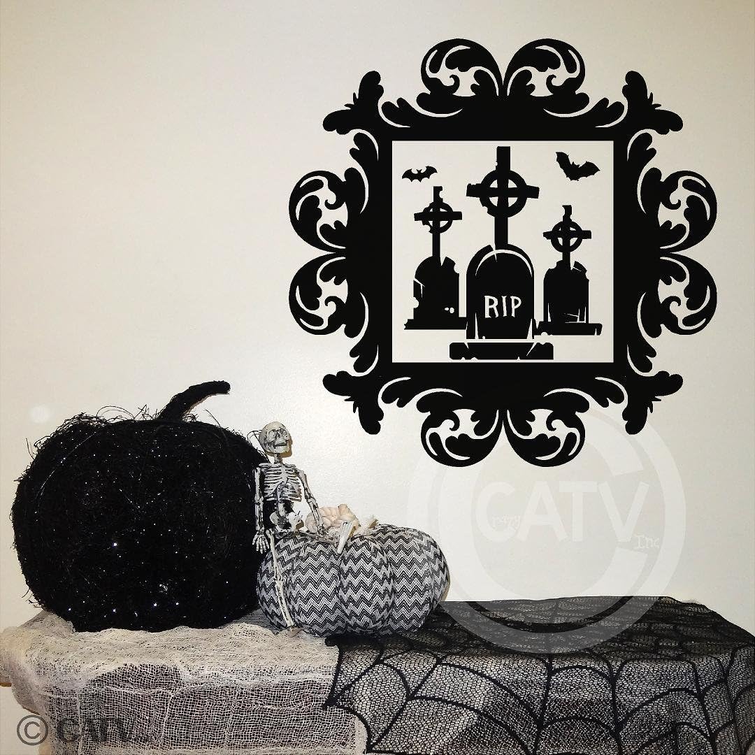 Halloween Vinyl Wall Sticker Frame 5 Graveyard Tombstones Portrait Vinyl Lettering Decal Home Decor Wall Art Sticker Medium 16x16 Amazon Co Uk Kitchen Home