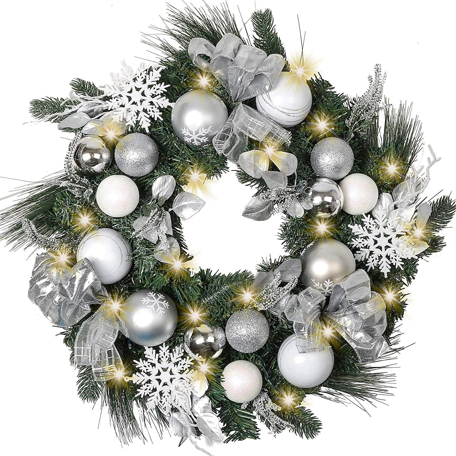 TFWell Christmas Wreath for Front Door, Pre-Lit 24 Inch Silver White Christmas Door Wreath, Lighted Wreath with Artificial Spruce, Berries, Christmas Ball Ornaments, Battery Operated 20 LED Lights
