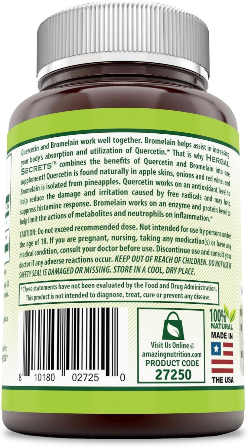 Herbal Secrets Quercetin 800 Mg with Bromelain 165 Mg, 120 Veggie Capsules (Non-GMO) - Supports Cardiovascular & Immune Health * Supports Healthy inflammatory Response *: Health & Personal Care