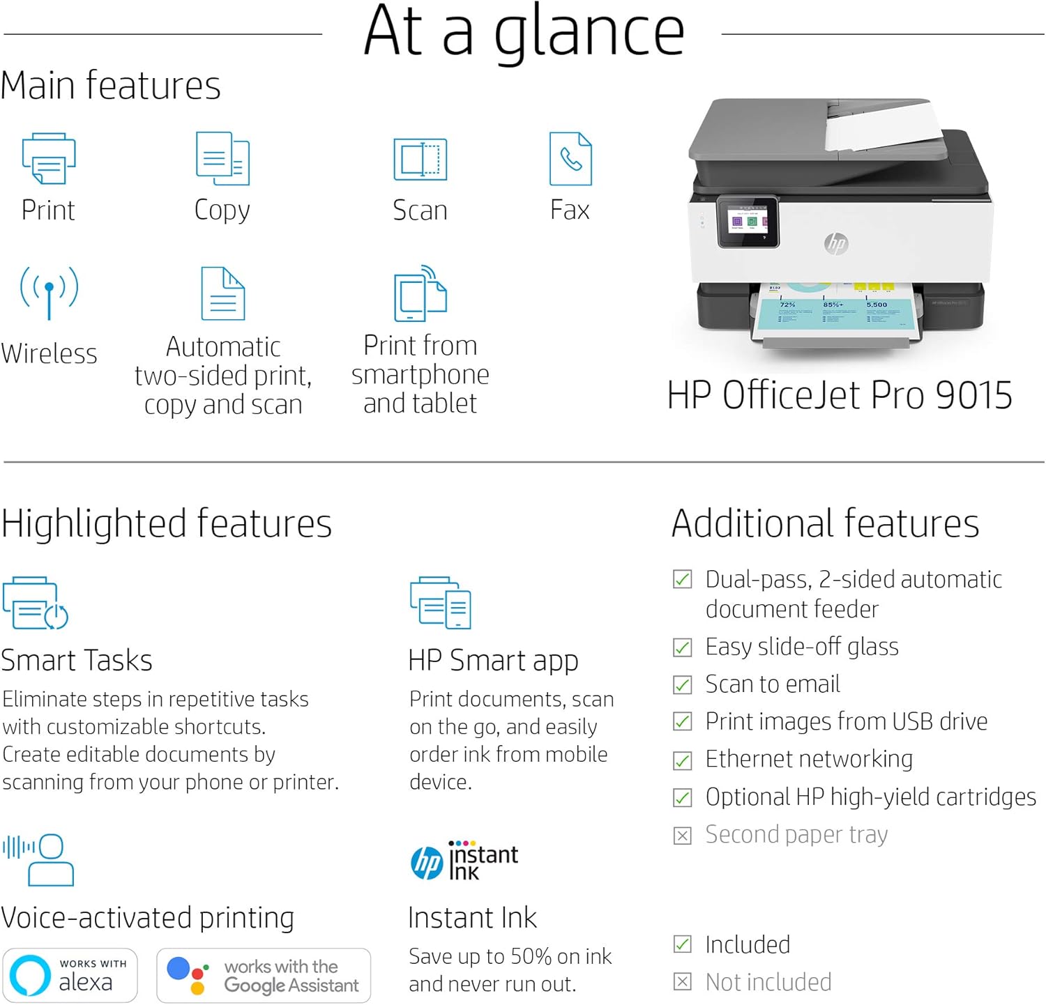 HP OfficeJet Pro 9015 All-in-One Wireless Printer, with Smart Home Office Productivity, HP Instant Ink, Works with Alexa (1KR42A): Electronics