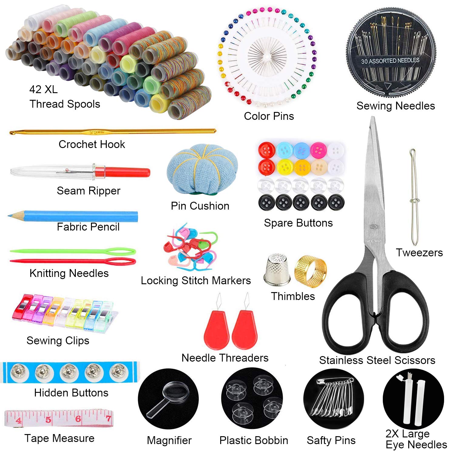 HuaQi Sewing Kit 206pack Sewing Accessories and Supplies with 42 XL Thread Spools, Sewing Needles, Scissors, Tape Measure, Thimble etc. for Traveler, Adults, Beginner, Emergency, DIY (XL-206pack)