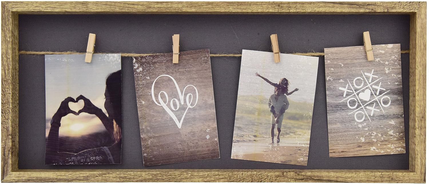 accent by nielsen Wooden Collage Photo Frame for 4 Postcard-Size 9x13 cm Pictures - Clothesline Display with Pegs