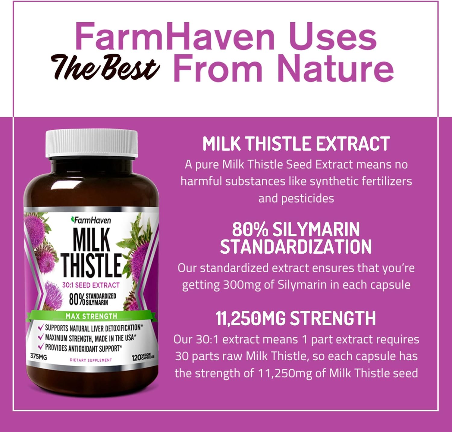 FarmHaven Milk Thistle Capsules | 11250mg Strength | 30X Concentrated Seed Extract & 80% Silymarin Standardized - Supports Liver Function and Overall Health | Non-GMO | 120 Veggie Capsules: Health & Personal Care