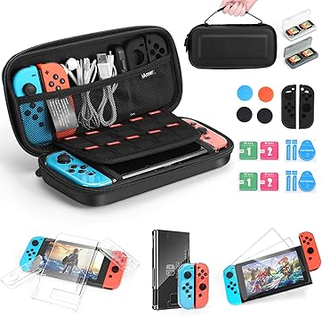 Amazon Com Iamer Accessories For Nintendo Switch 11 In 1 Starter Kits Include Carrying Case For Switch Protective Cover Tempered Glass Screen Protector Silicone Cover For Joycon Thumb Grips Caps Game Card Case Electronics