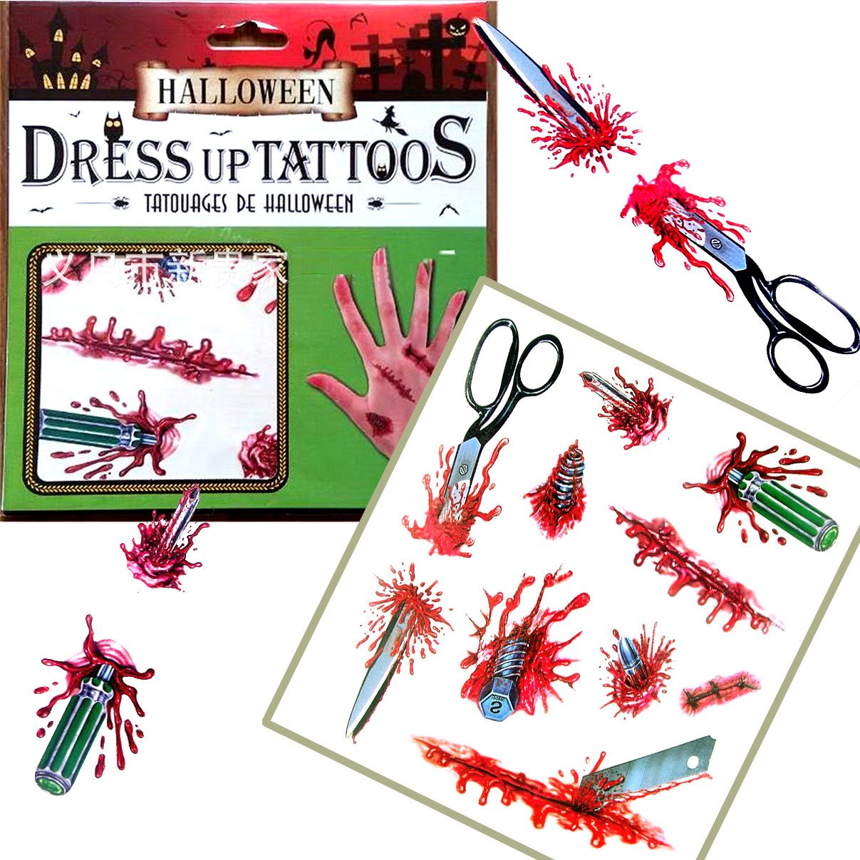 Horror Realistic Scar Tattoo Temporary Waterproof Sticker 8PCS Fake Bloody Wound Scar Scab Stitch Halloween Cos Play Prank Makeup Props