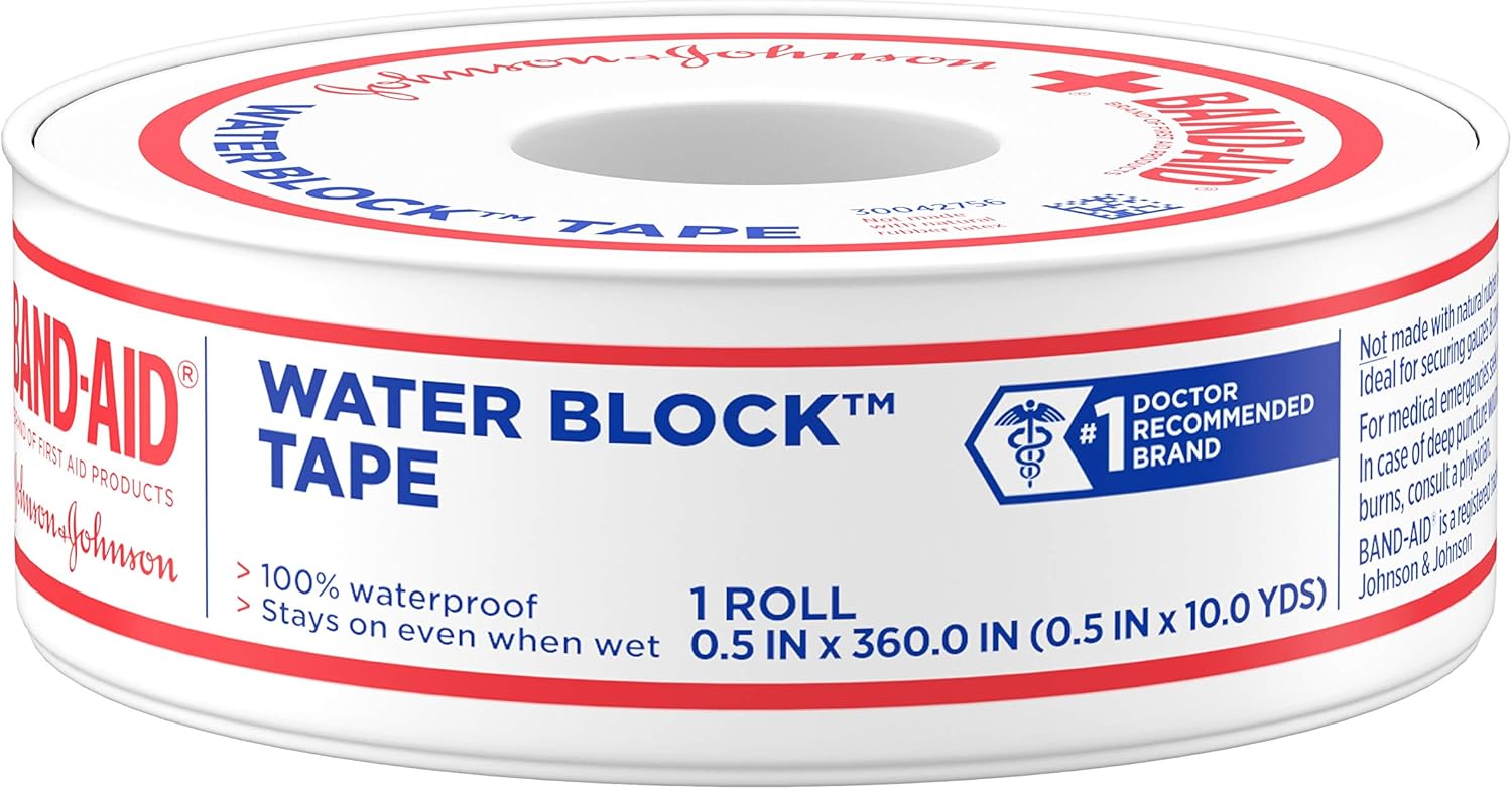 Band-Aid Brand First Aid Water Block 100% Waterproof Self-Adhesive Tape Roll for Durable Wound Care to Firmly Secure Bandages, 1/2 In by 10 yd: Health & Personal Care