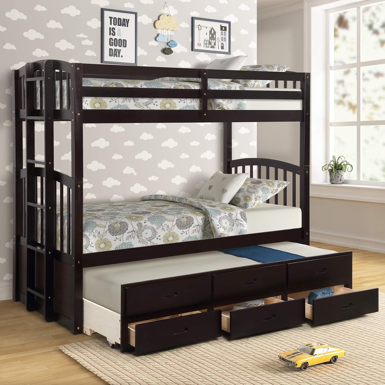Romatpretty Adult Solid Wood Twin Over Full Bunk 3 Storage Drawers Ladder And Safety Guard Rail Bed Frame For Kids Teens Bedroom Guest Room