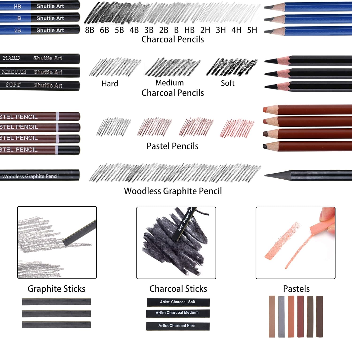 Drawing Pencils Set, 52 Pack Professional Sketch Pencil Set in Zipper Carry Case, Drawing Kit Art Supplies with Graphite Charcoal Sticks Tool Sketch Book for Adults Kids Drawing Sketching by Shuttle Art