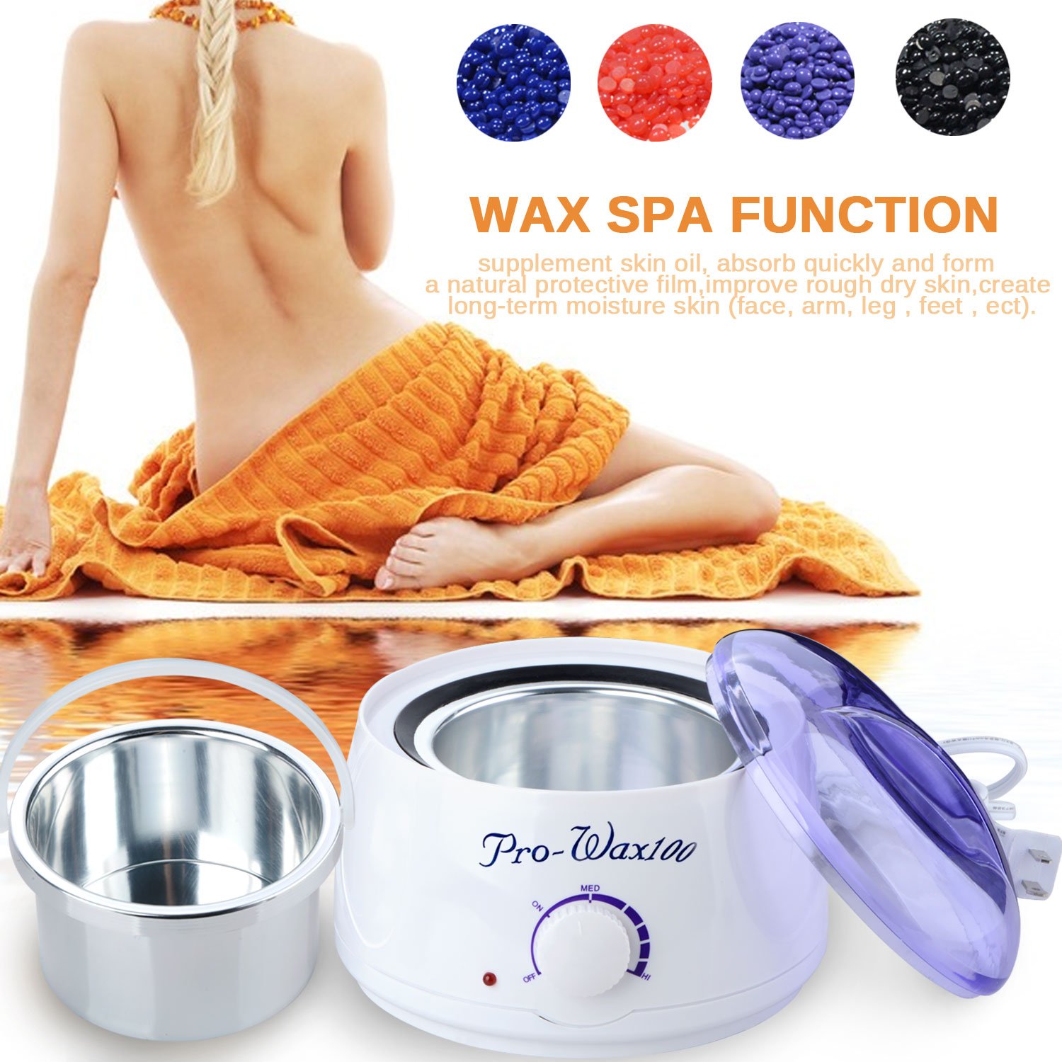 ASDOMO 500CC Portable Electric Hair Removal Wax Warmer+10.58 OZ Hair Removal Hard Wax Beans+10PCS Wax Applicator Sticks