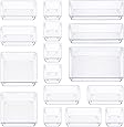 16 Pcs Drawer Organizer Set Dresser Desk Drawer Dividers - 5 Size Bathroom Vanity Cosmetic Makeup Trays - Multipurpose Clear Plastic Storage Bins for Jewelries, Kitchen Gadgets and Office Accessories