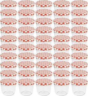 WELLGRO® Einmachgläser mit Schraubdeckel - 230 ml, 8,5 x 6,5 cm (ØxH), Glas/Metall, rot karierte Deckel To 82, Gläser Made in Germany, verschiedene Mengen wählbar, Stückzahl:50 Stück