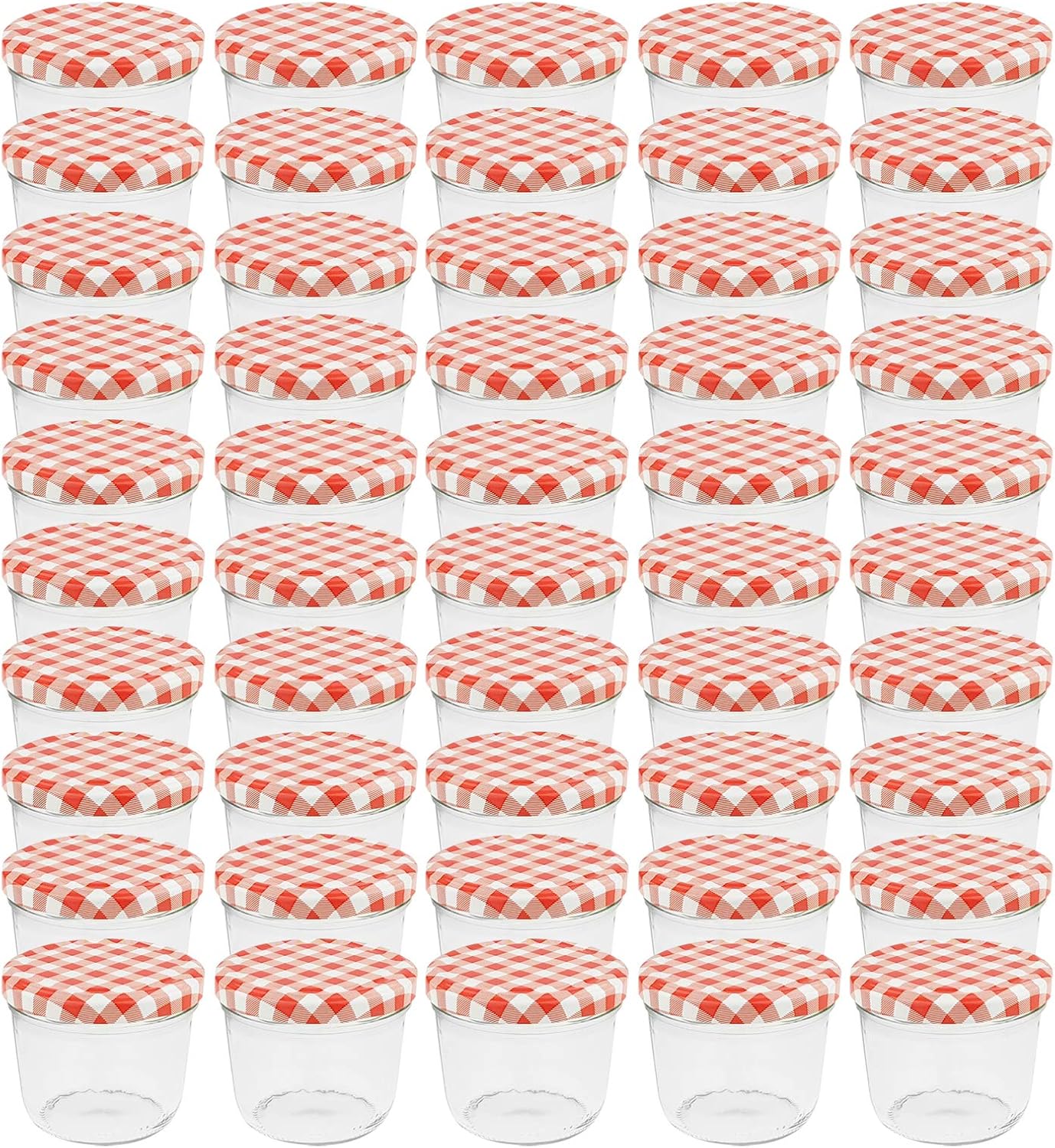 WELLGRO® Einmachgläser mit Schraubdeckel - 230 ml, 8,5 x 6,5 cm (ØxH), Glas/Metall, rot karierte Deckel To 82, Gläser Made in Germany, verschiedene Mengen wählbar, Stückzahl:50 Stück