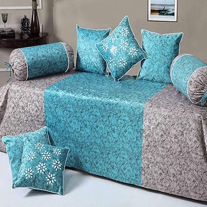 HandTex Home Premium Velvet Diwan Set of 8pc Blue(1 Bedsheet with 2 Blosters and 5 Cushion Covers)