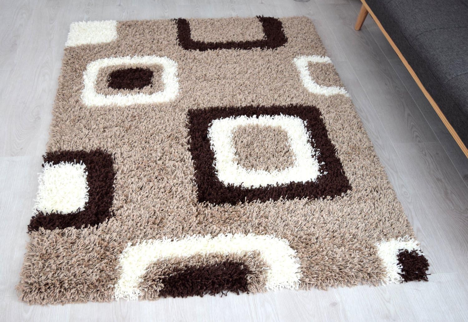 BRAVICH RugMasters Large Brown Beige and Ivory Cube Boxed Pattern Geometric Square Design Mix Super Soft High Deep Pile Shaggy Area Rug/Living Room Rug Carpet 120 x 170 cm (4' x 5'6) - Image 5