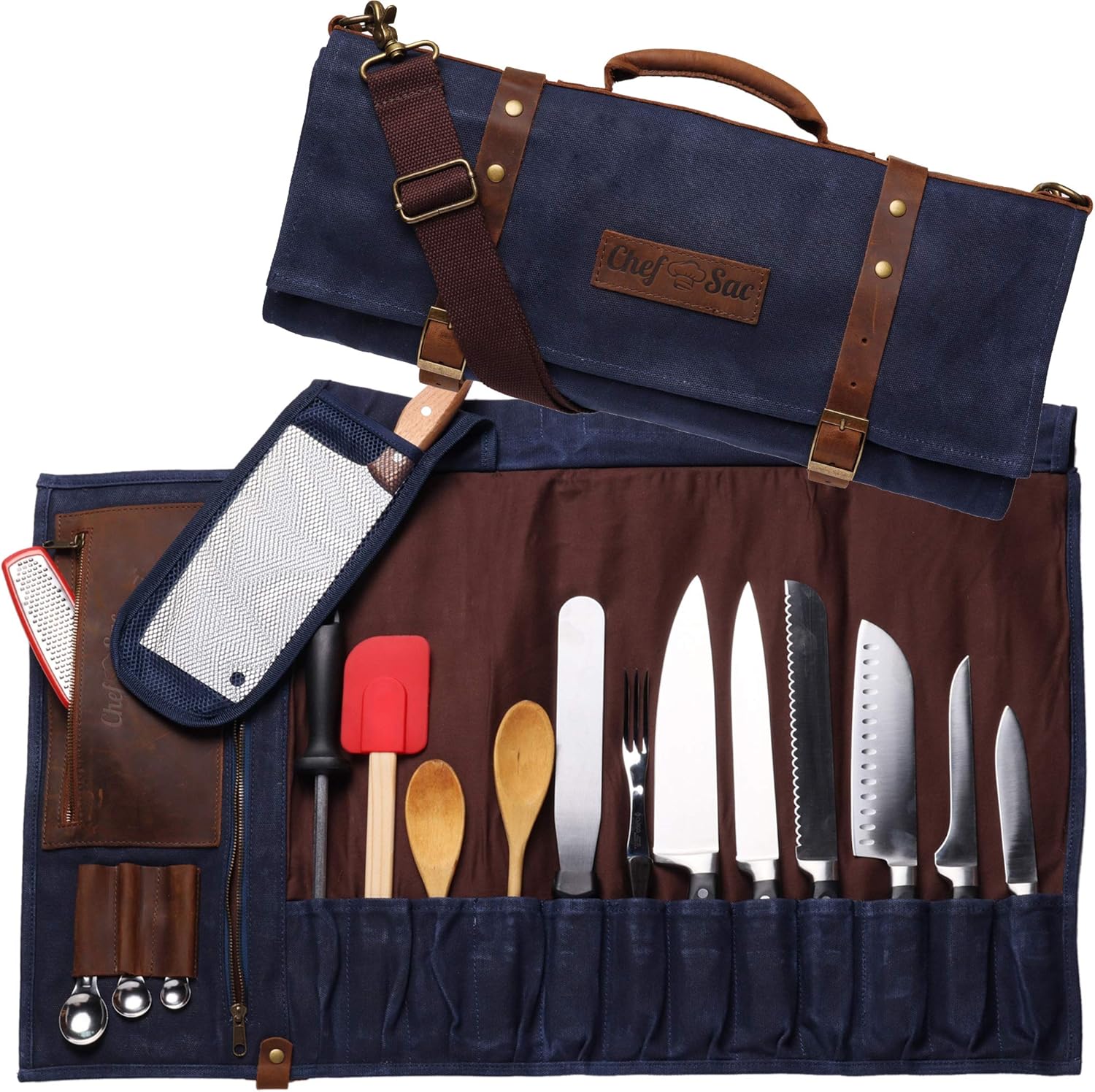 Chef Knife Bag Waxed Canvas Knife Roll Bag | 22 Pockets for Knives & Kitchen Tools | Special Slot for Cleaver | Waterproof Material | Knife Organizer | Knife Case for Chefs & Culinary Students (Blue): Kitchen & Dining