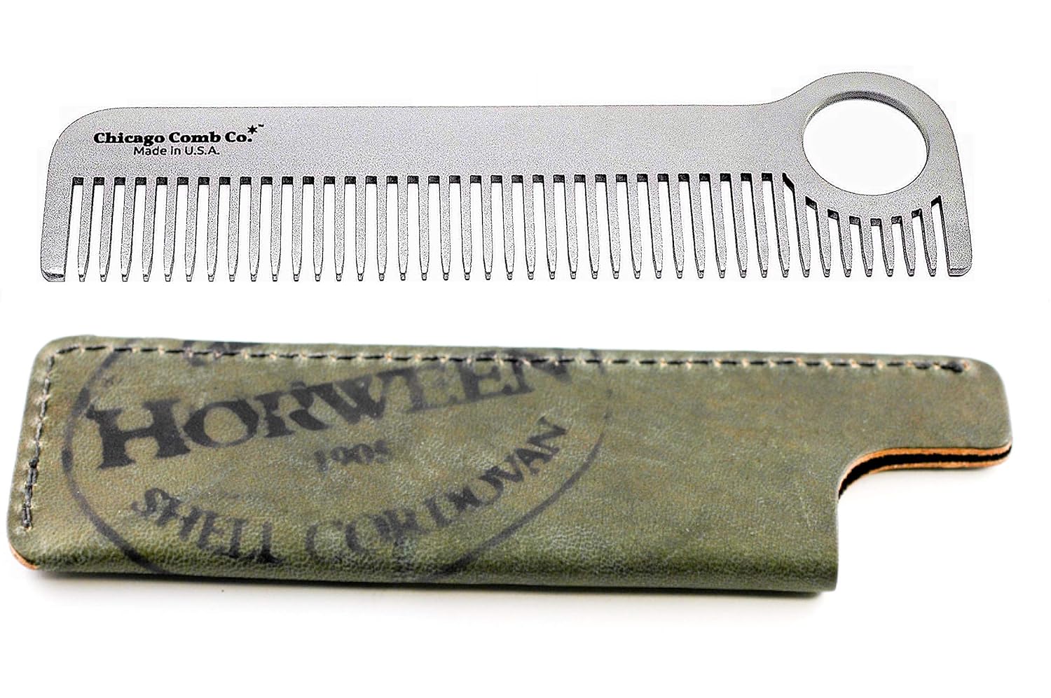 Chicago Comb Model 1 Stainless Steel + Horween Olive Shell Cordovan Sheath, Made in USA, Ultra-Smooth, Durable, Anti-Static, 5.5 in. (14 cm) Long, Medium Tines, Ultimate Daily Use Comb, Gift Set