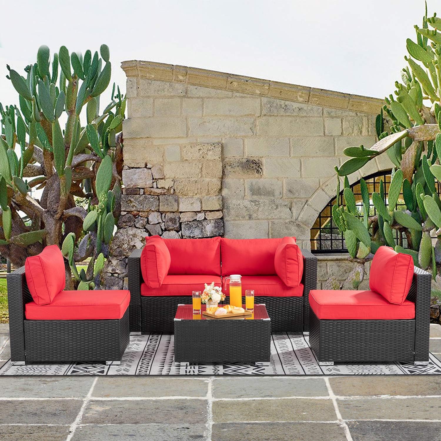 Walsunny 5pcs Patio Outdoor Furniture Sets, Low Back All-Weather Rattan Sectional Sofa with Tea Table&Washable Couch Cushions (Black Rattan) (Red) : Garden & Outdoor