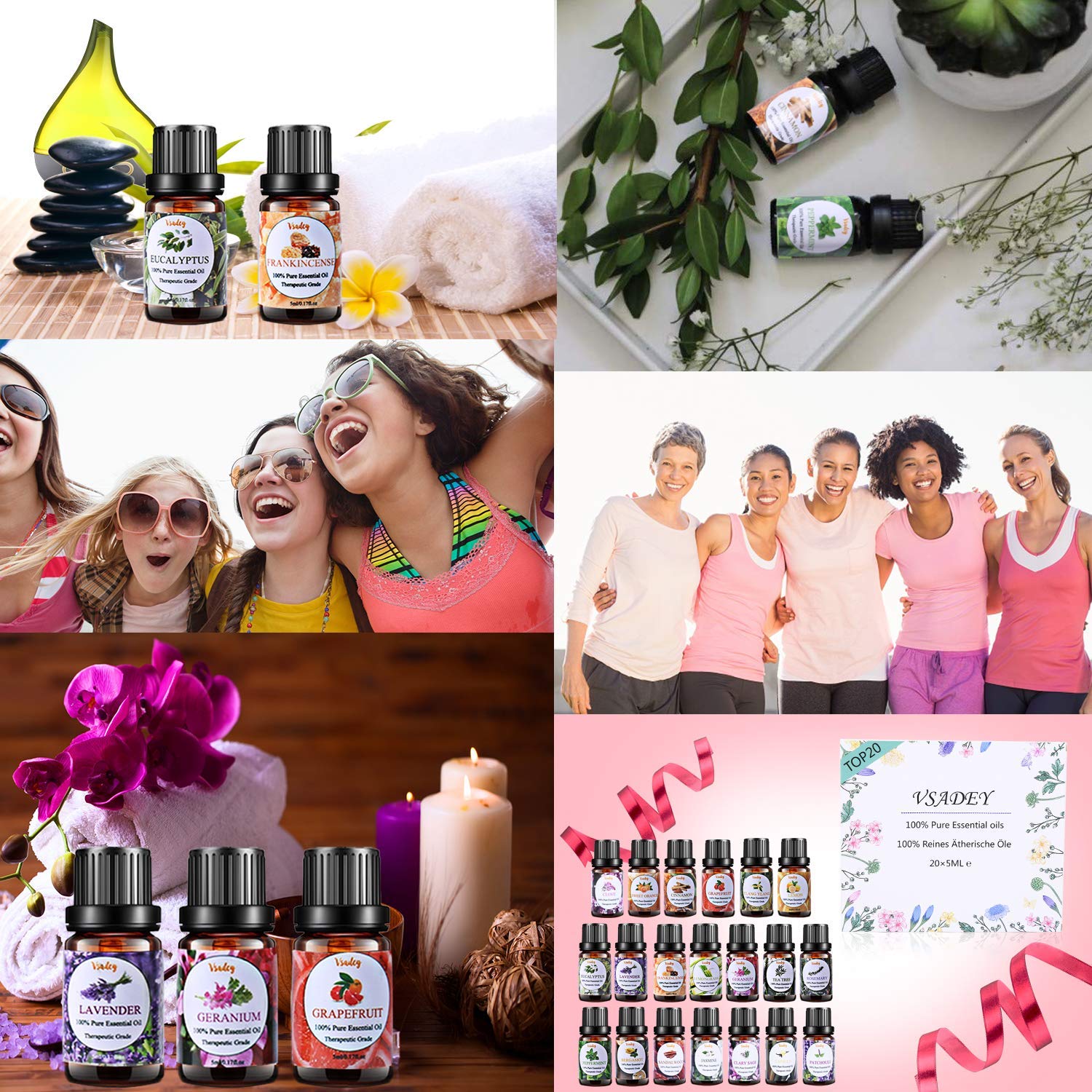 VSADEY Essential Oils Set 100% Pure Aromatherapy Essential Oil Kit for Diffuser, Humidifier, Massage, Skin Care - Lavender, Eucalyptus, Peppermint, Tea Tree, Sweet Orange, Lemongrass (20 x 5ml): Beauty