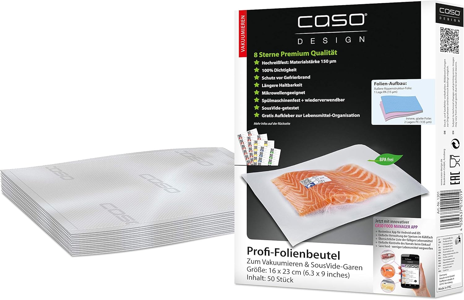 CASO Profi- Folienbeutel 16x23 cm / 50 Beutel, für alle Balken Vakuumierer, BPA-frei, sehr stark & reißfest ca. 150µm, kochfest, Sous Vide geeignet, wiederverwendbar, für Folienschweißgeräte geeignet