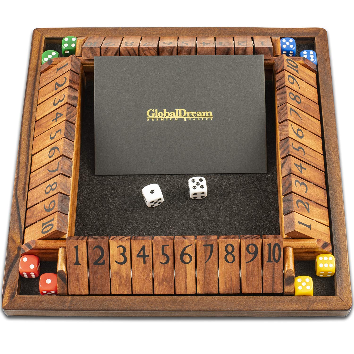 GlobalDream Shut The Box Family Game - Wooden Dice Game for 1-4 Players - Stained Wood and Black Felt for Soft Dice Rolls - 10 Numbers Game Box