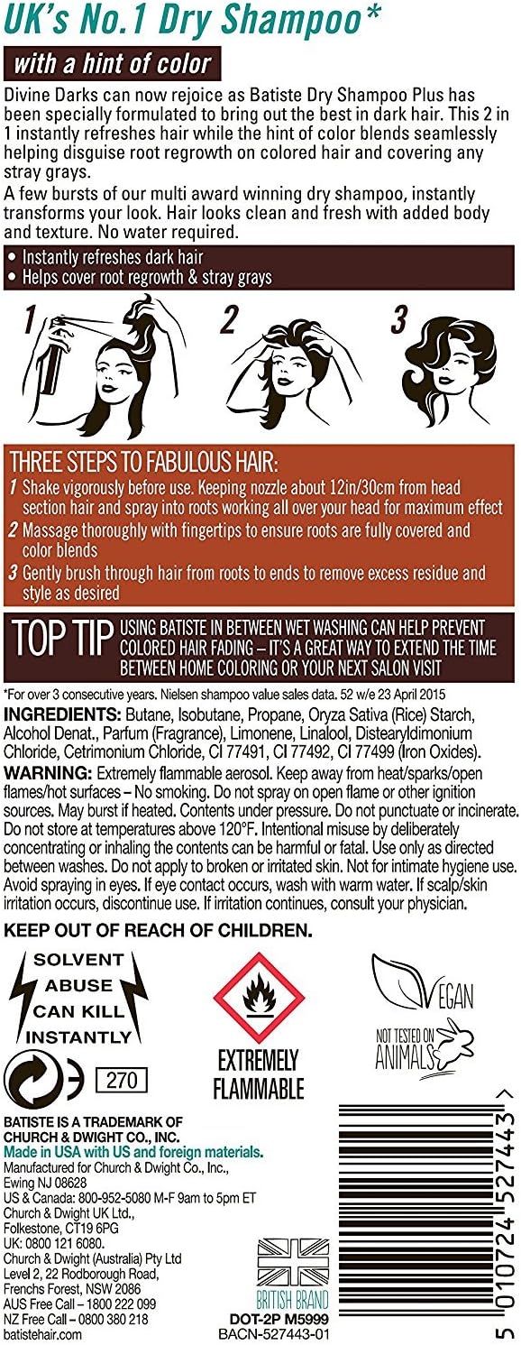Batiste dry shampoo divine dark dry shampoo with a gentle hint of colour for black and dark brown hair fresh hair for all hair types pack of 2 (2 x 200 ml) - Image 3
