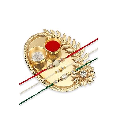 Hathkaam 4PC Rakhi Set Golden Hamper for Brother Bracelet with Designer 3Pc Rakhee for Bhai Bhaiya Bhabhi Happy Raksha Bandhan Festival Handcrafted by Women Artisan with Decorative Platter EBAWRG