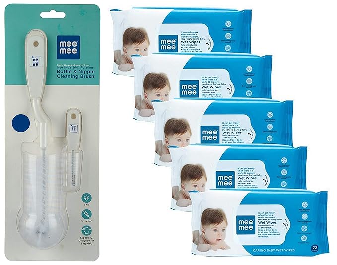 Mee Mee Bottle and Nipple Cleaning Brush (White) & Caring Baby Wet Wipes, Aloe Vera, 72 Pieces (Pack of 5) Combo